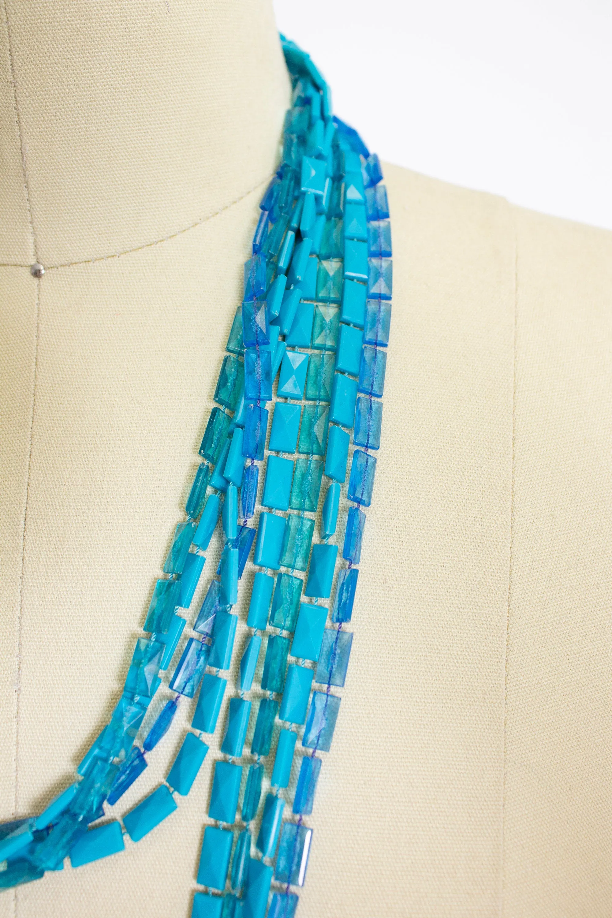 1960s Necklace Blue Beaded Long Multi Strand