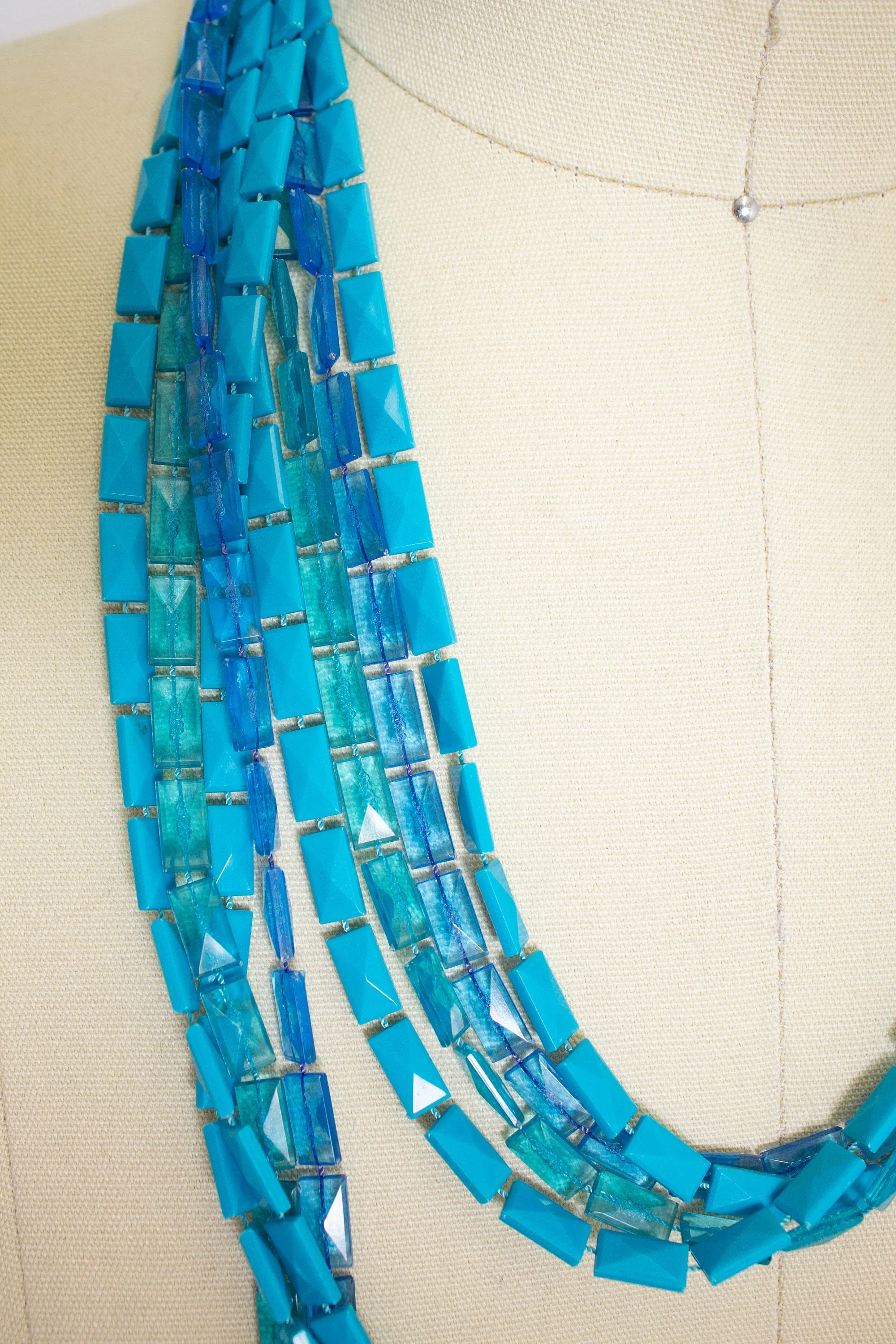 1960s Necklace Blue Beaded Long Multi Strand