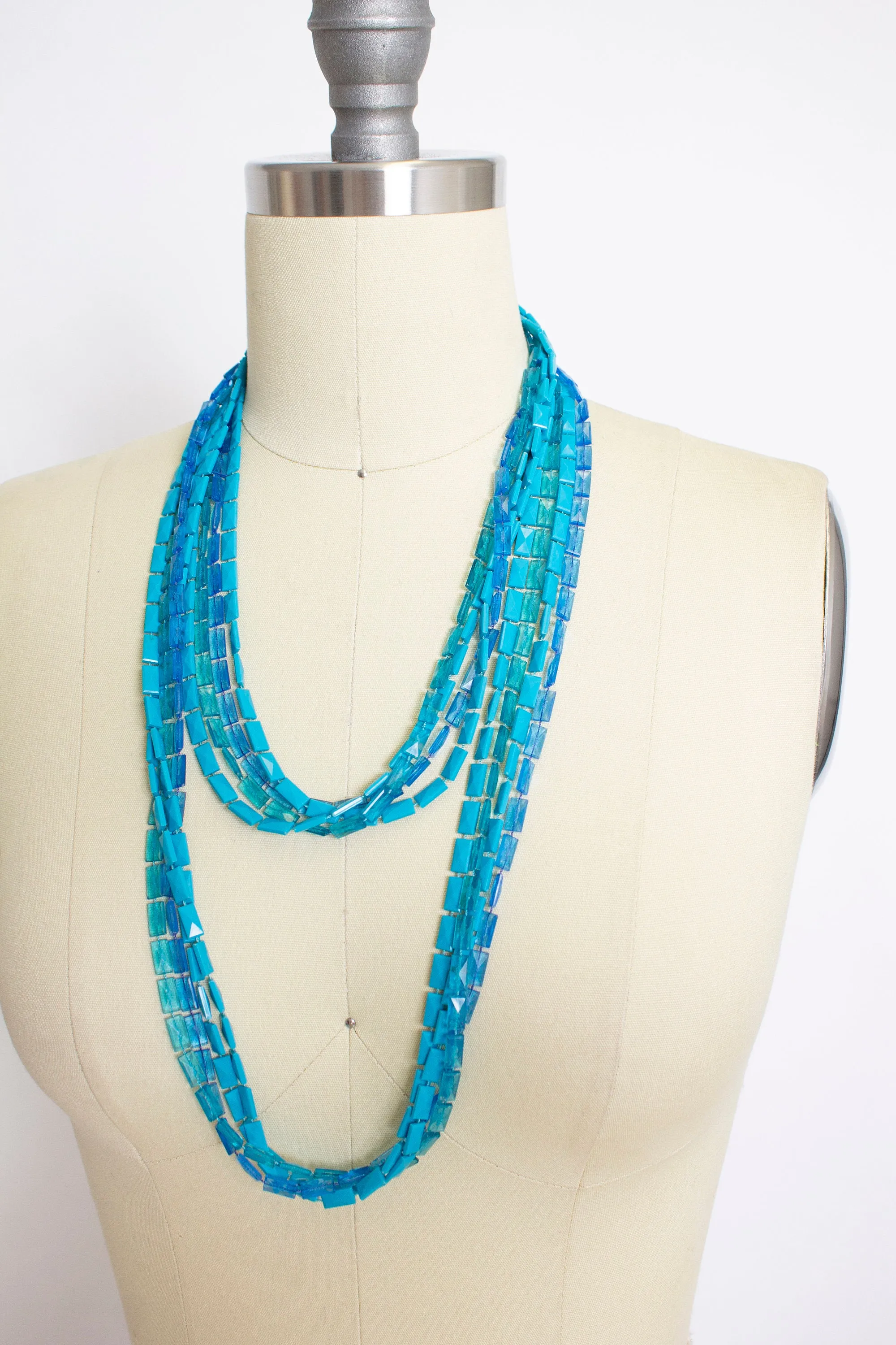 1960s Necklace Blue Beaded Long Multi Strand