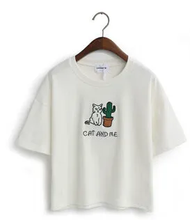 Cat Embroidered Cute Cropped Top Tees