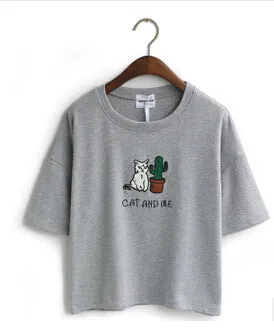 Cat Embroidered Cute Cropped Top Tees