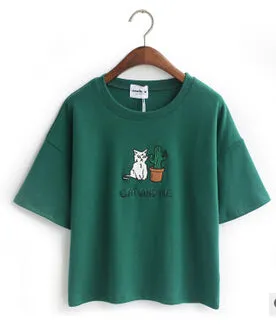 Cat Embroidered Cute Cropped Top Tees