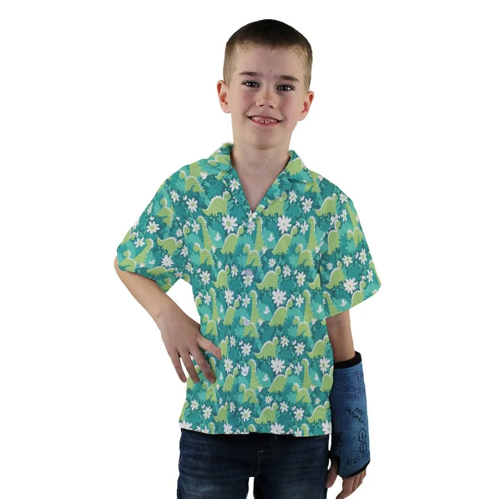 Dinosaur Smiles Flowers and Leaves Youth Hawaiian Shirt