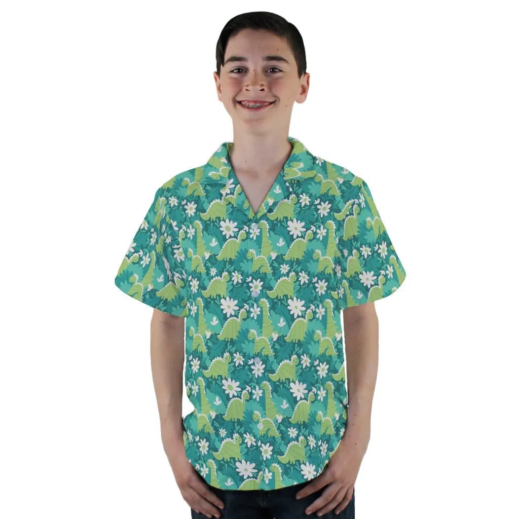 Dinosaur Smiles Flowers and Leaves Youth Hawaiian Shirt