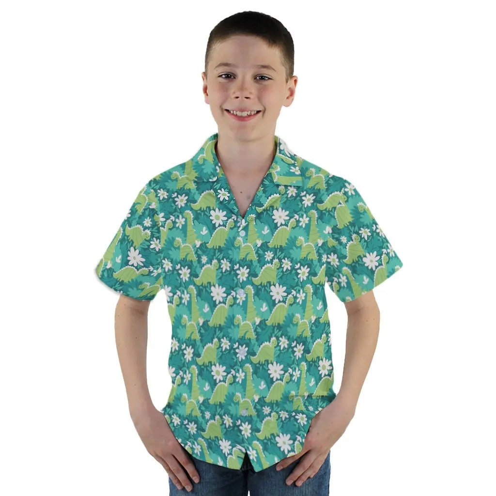 Dinosaur Smiles Flowers and Leaves Youth Hawaiian Shirt