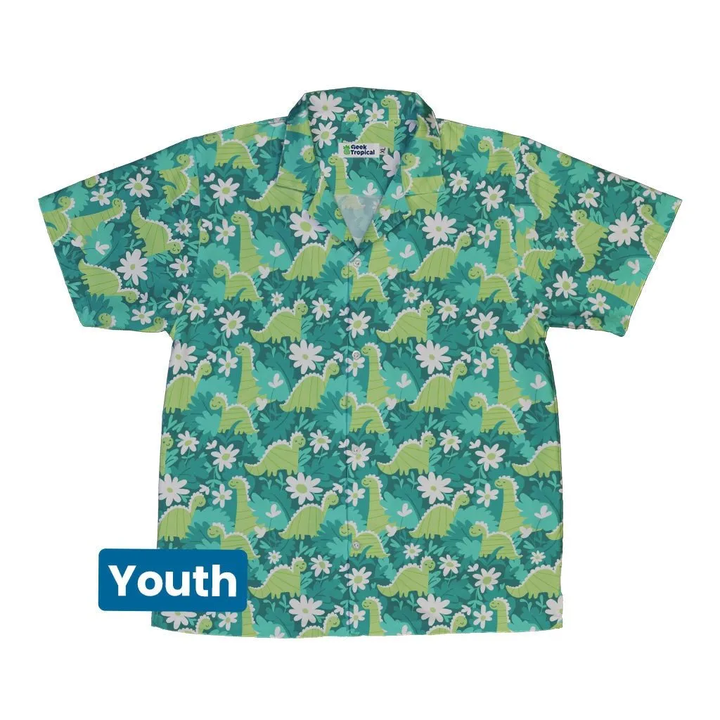 Dinosaur Smiles Flowers and Leaves Youth Hawaiian Shirt