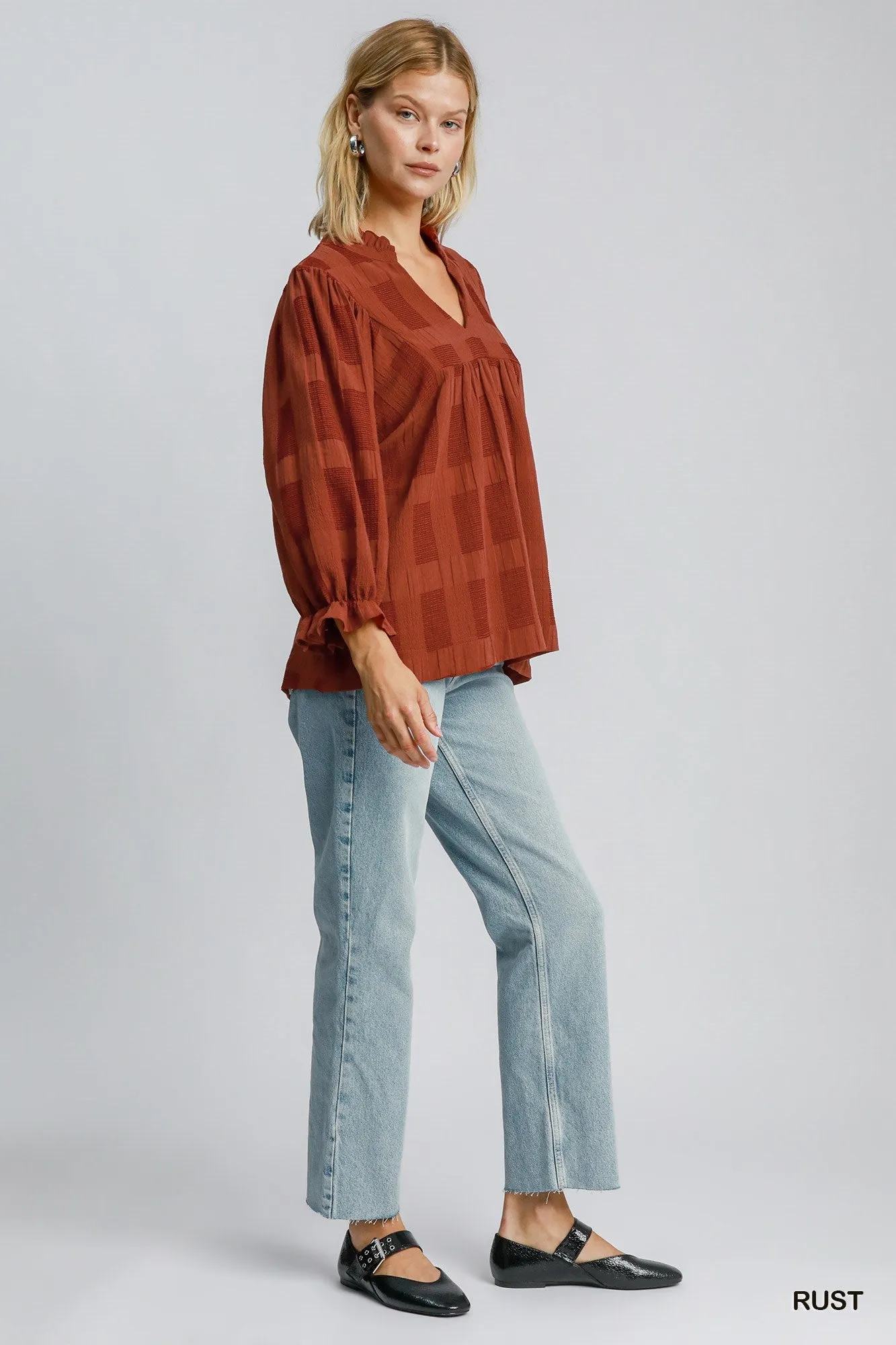 Geo Ruffle Sleeve Top - Rust