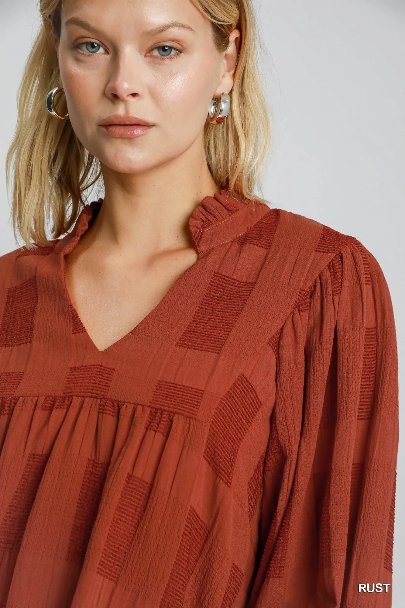 Geo Ruffle Sleeve Top - Rust