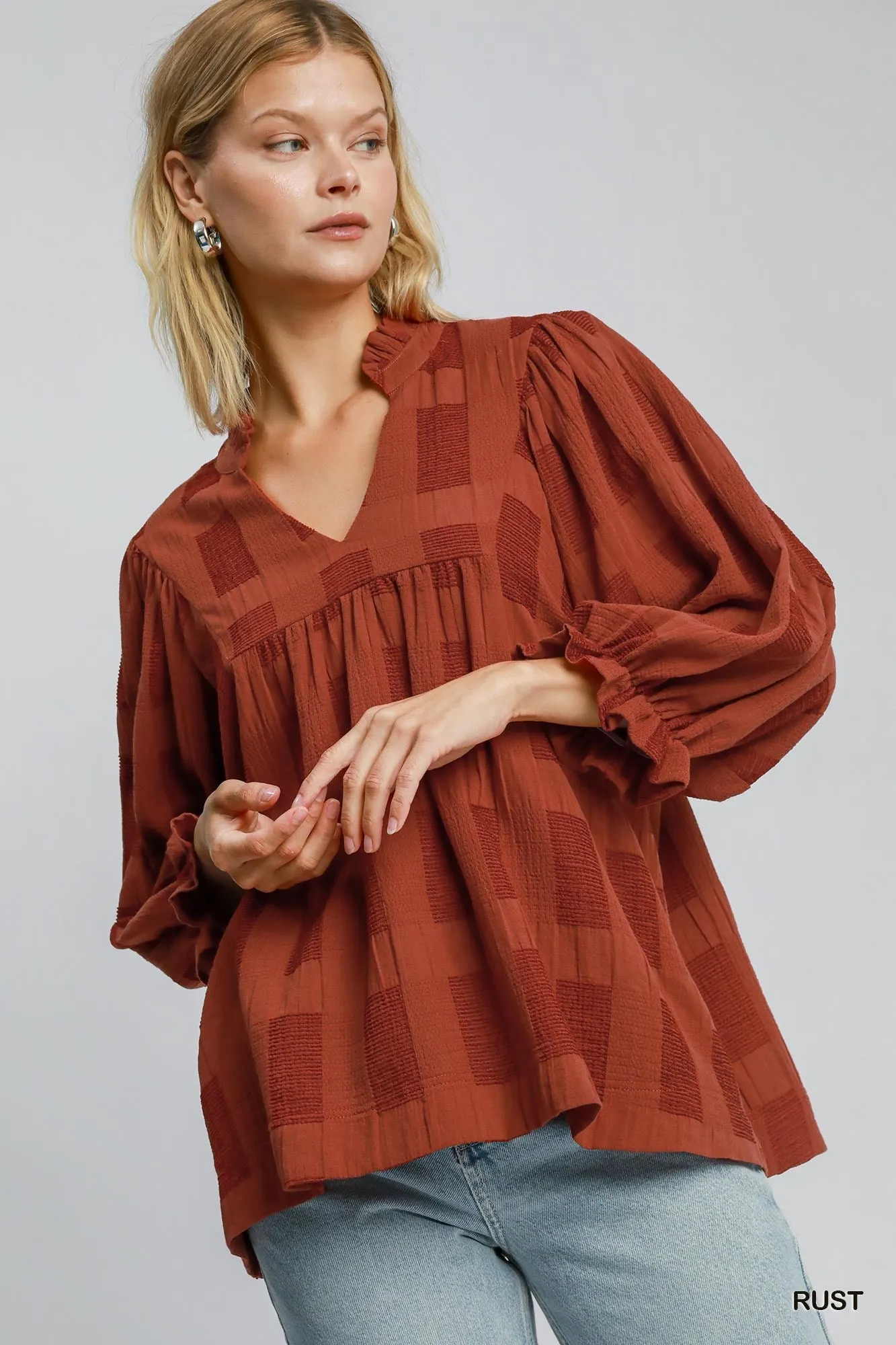 Geo Ruffle Sleeve Top - Rust