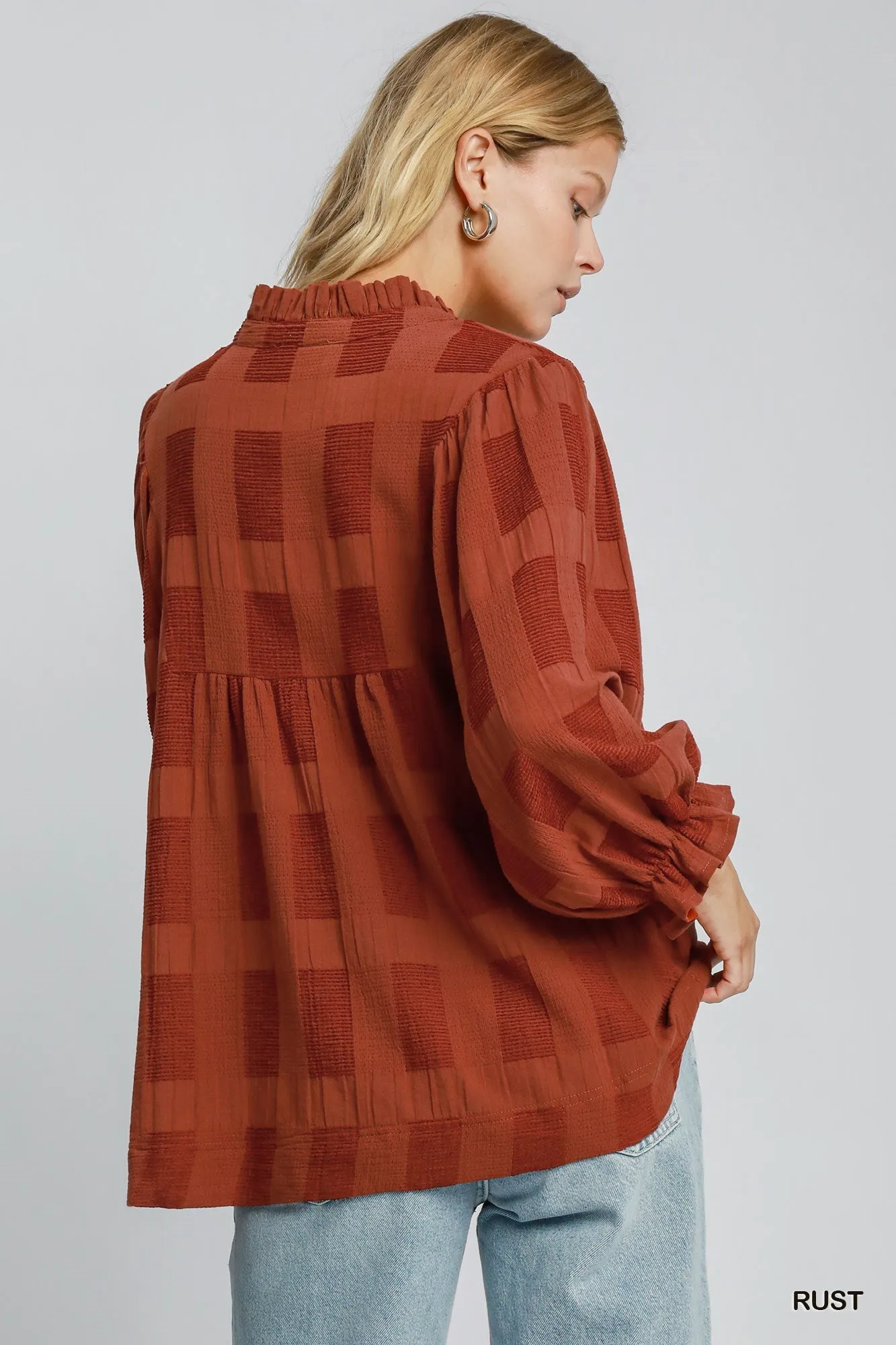 Geo Ruffle Sleeve Top - Rust