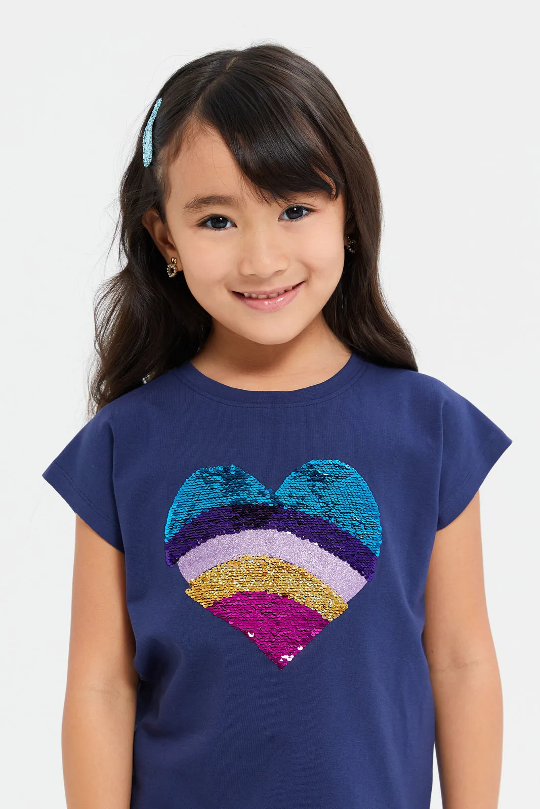 Girls Navy Embellished Heart Sequins T-Shirt