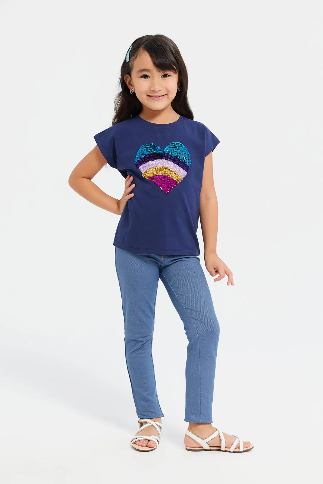 Girls Navy Embellished Heart Sequins T-Shirt