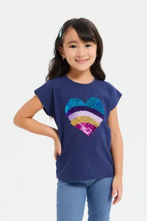 Girls Navy Embellished Heart Sequins T-Shirt