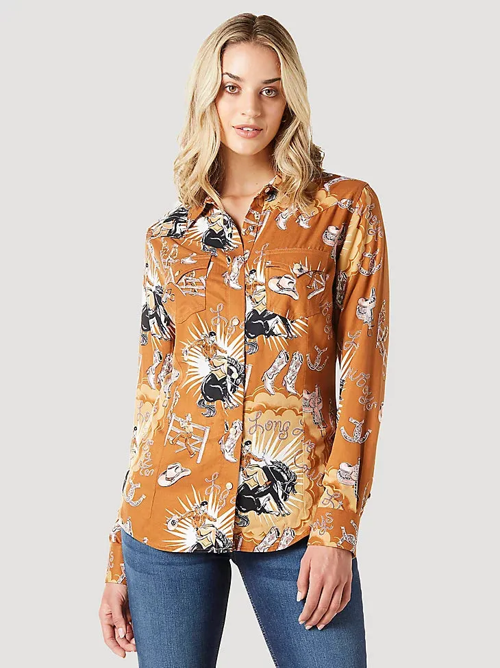 Ladies Wrangler Bold Bucking Cowboy Western Snap Shirt - 112336515