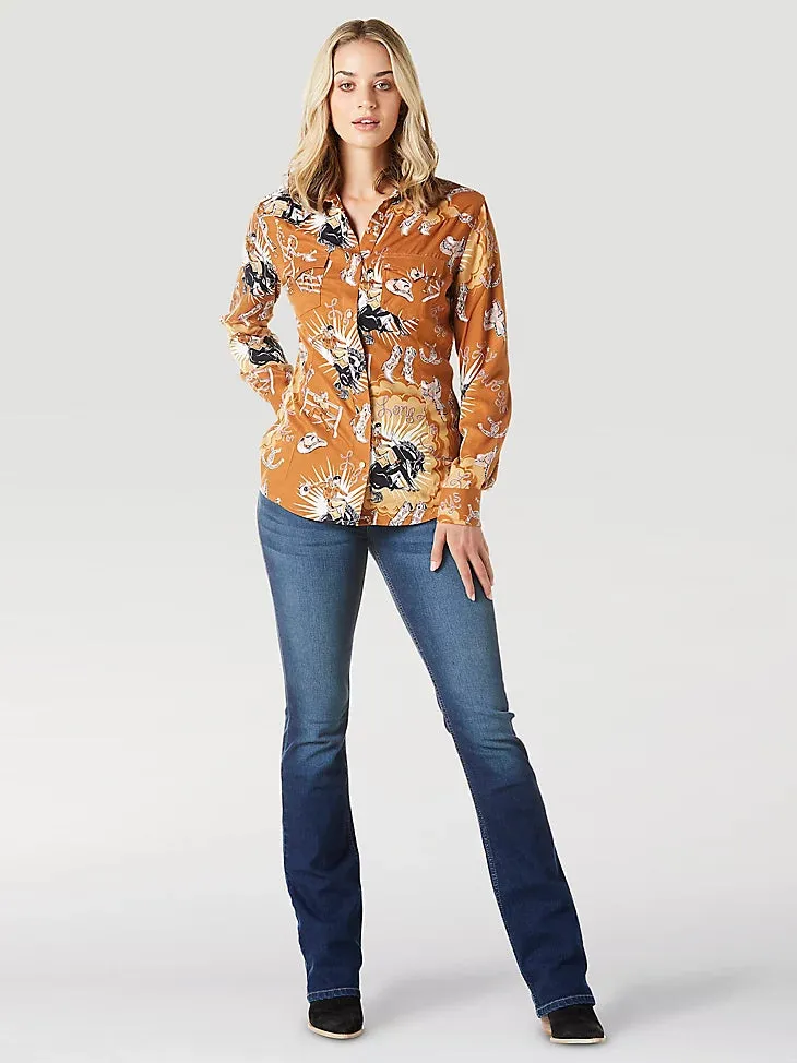 Ladies Wrangler Bold Bucking Cowboy Western Snap Shirt - 112336515