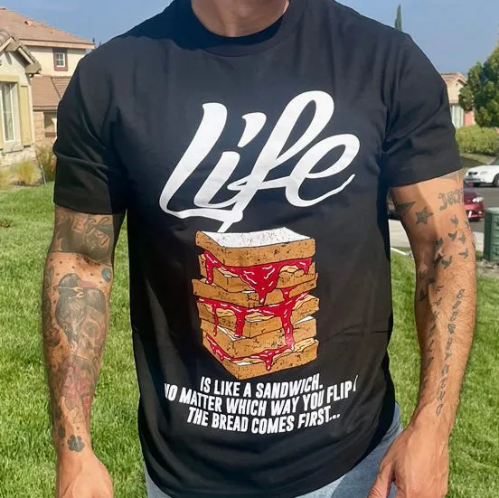 Life Is Like A Sandwich - Red on Black T-Shirt