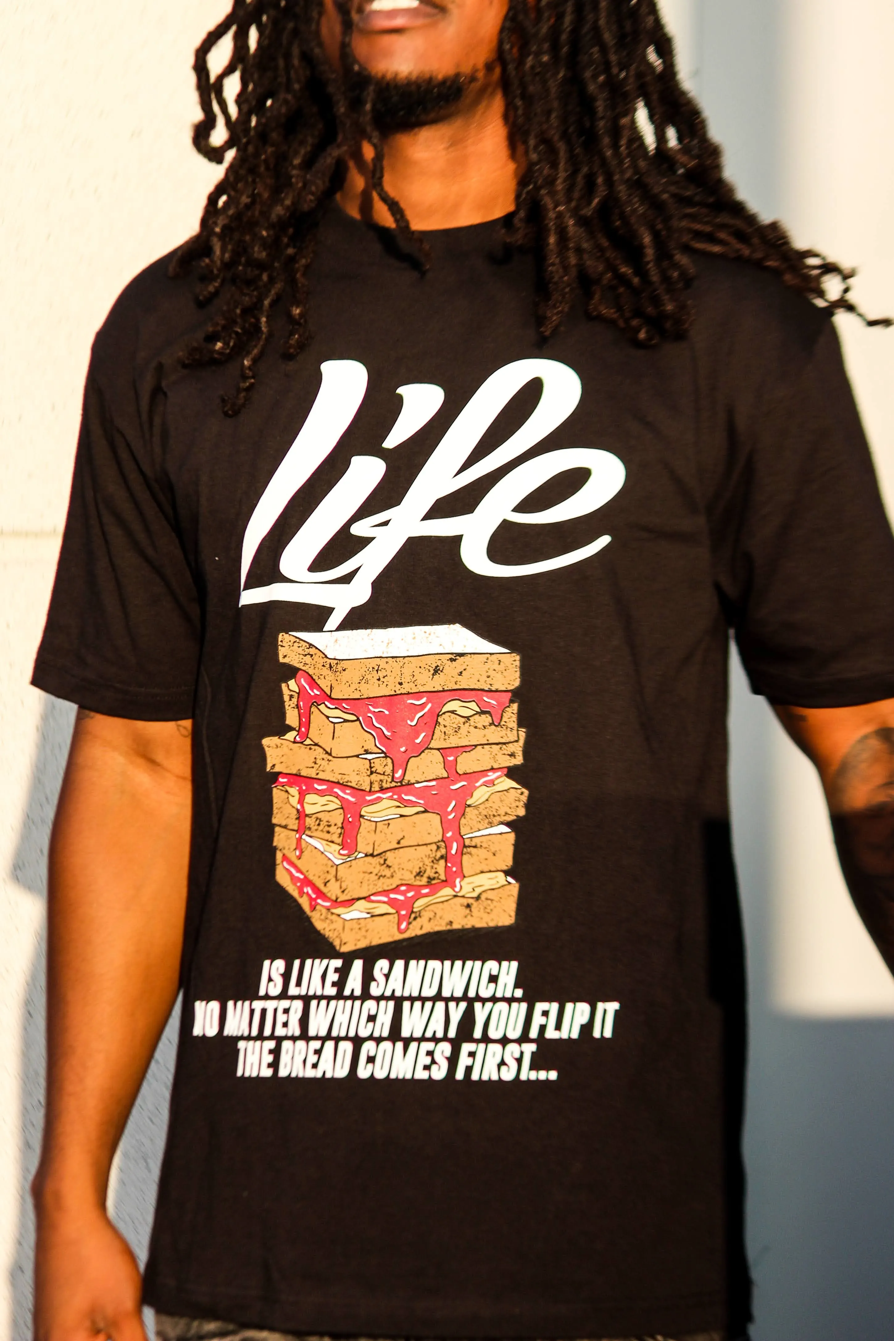 Life Is Like A Sandwich - Red on Black T-Shirt