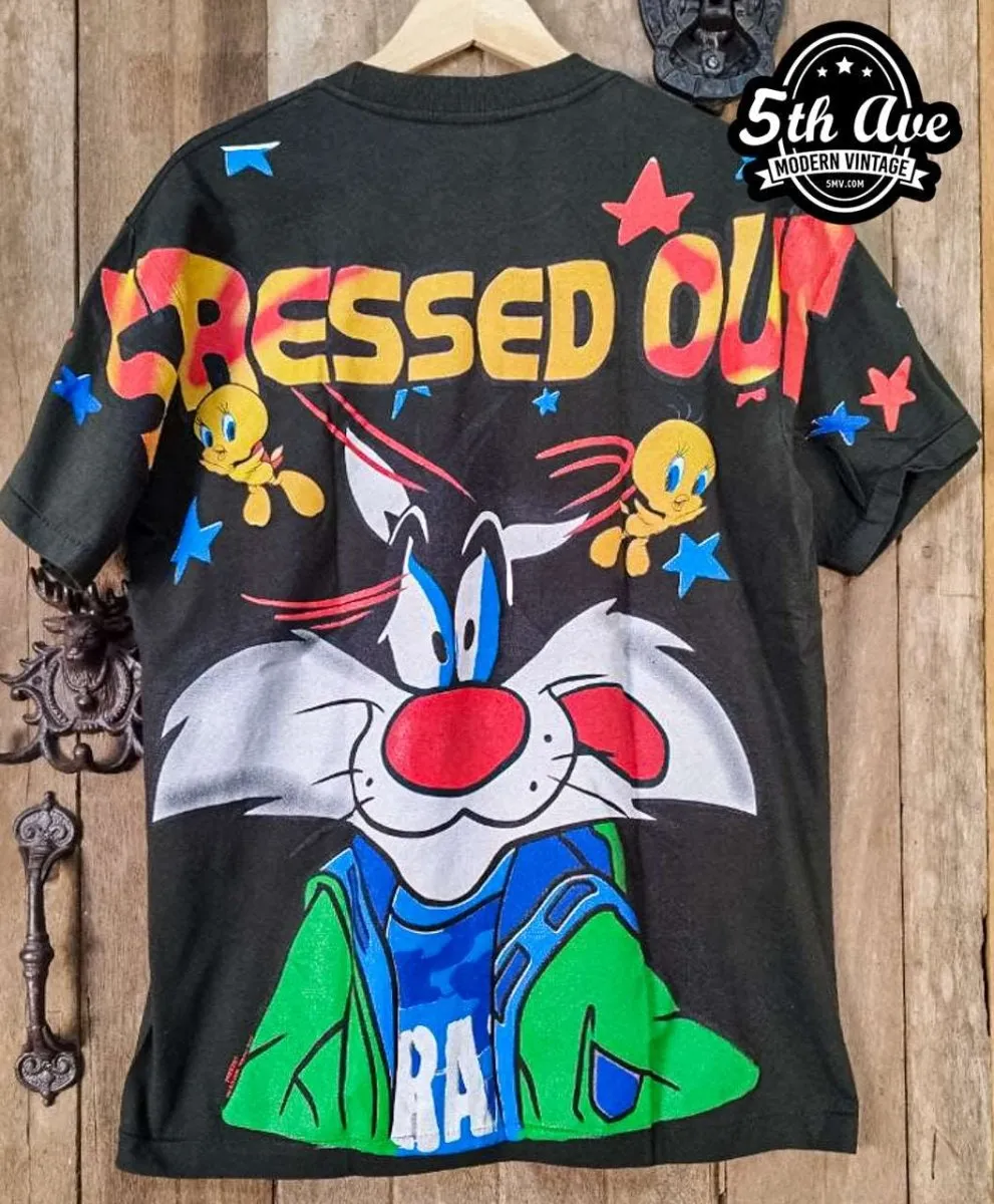 Looney Tunes Sylvester and Tweety Stressed Out - AOP all over print New Vintage Animation T shirt