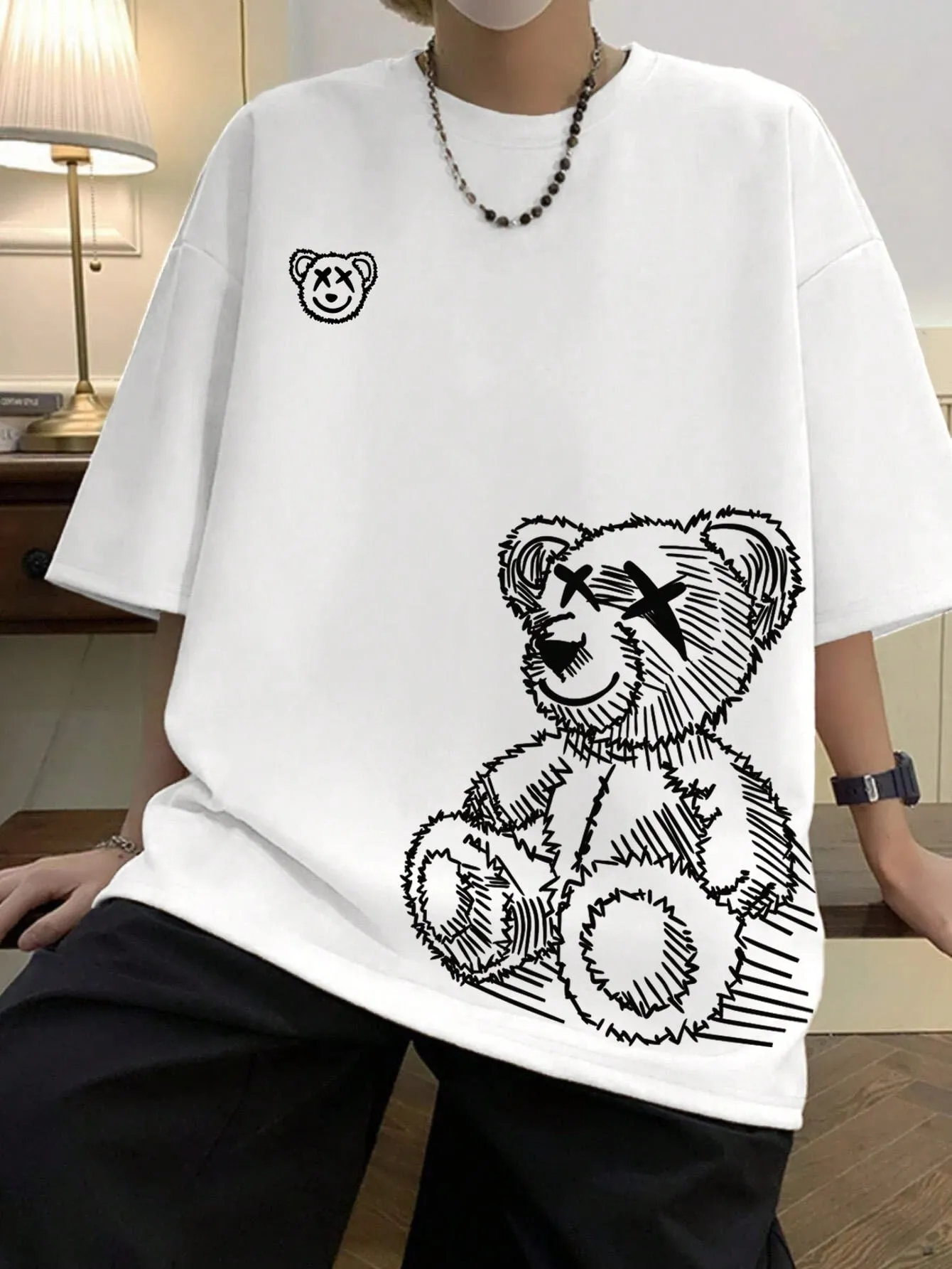 Manfinity Hypemode Men T-Shirts Baggy Crew Neck Drop Shoulder Short Sleeve Graphic Tee Bear Casual Summer Polyester