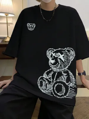 Manfinity Hypemode Men T-Shirts Baggy Crew Neck Drop Shoulder Short Sleeve Graphic Tee Bear Casual Summer Polyester