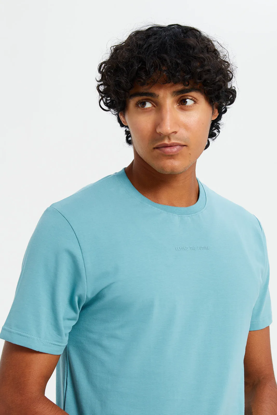 Men Blue Cotton Elastane Round New T-Shirt