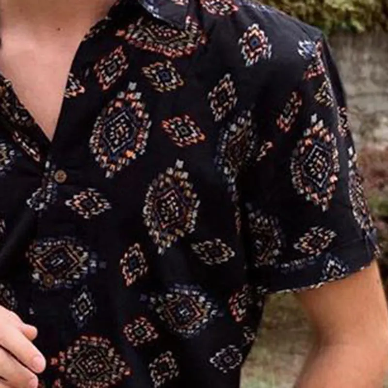 Men Retro Printed Short Sleeves Lapel Shirt