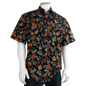 Men’s Gone Fishing Print Short Sleeve Western Shirt in Black