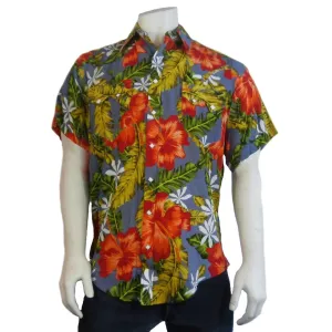 Men’s Hawaiian Floral Print Short Sleeve Western Shirt in Grey