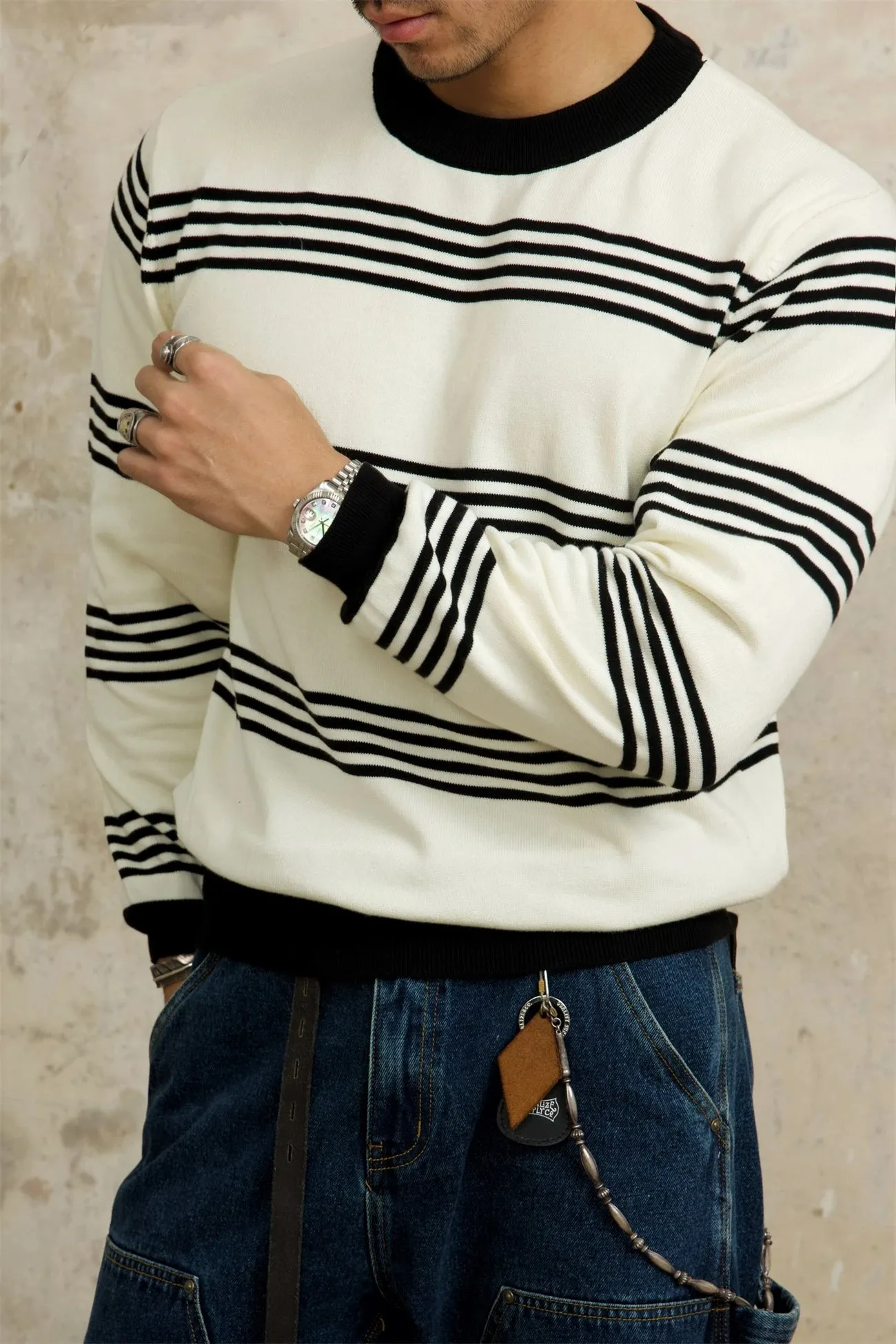 Men's Knitted Striped Long Sleeves T-shirt