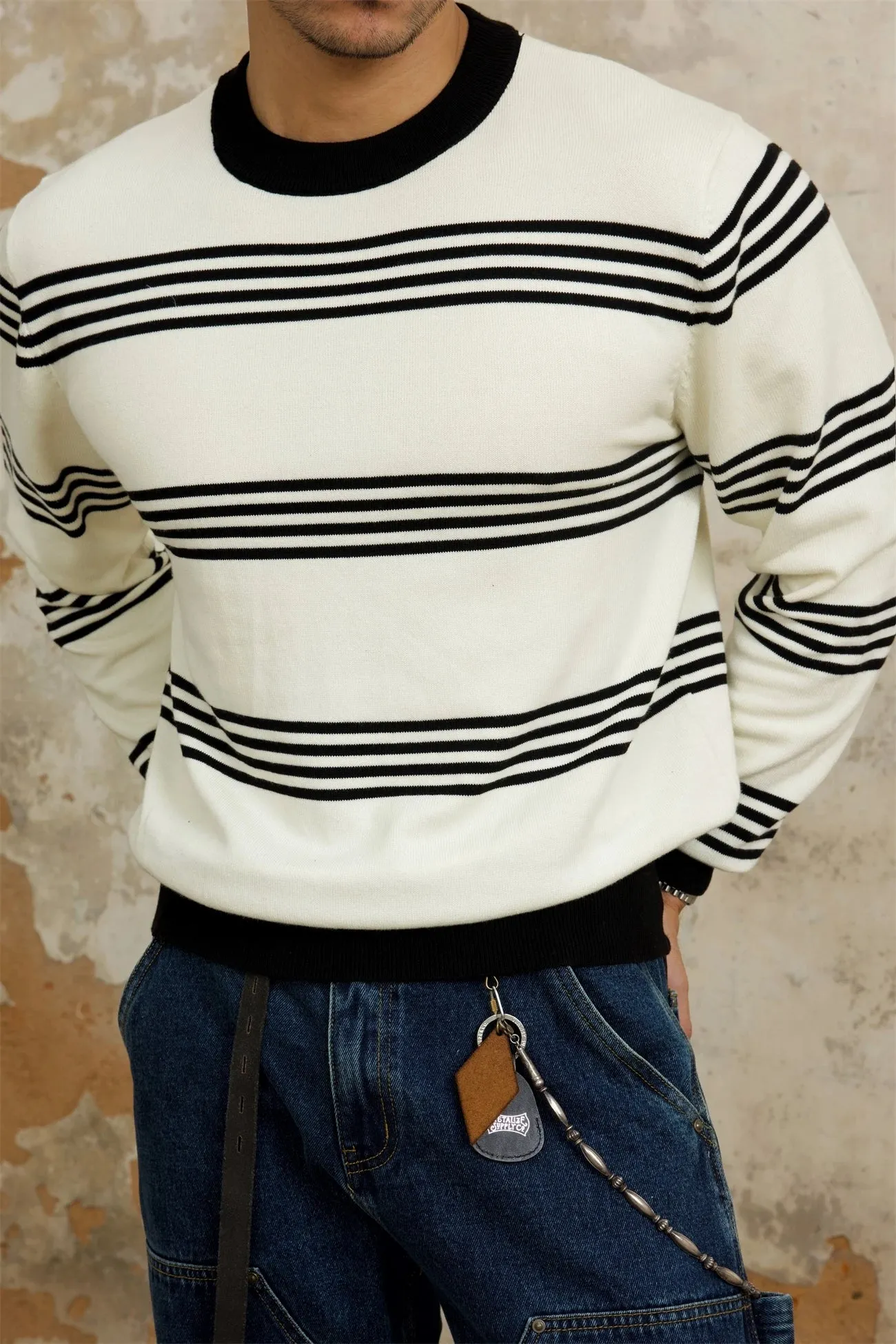 Men's Knitted Striped Long Sleeves T-shirt