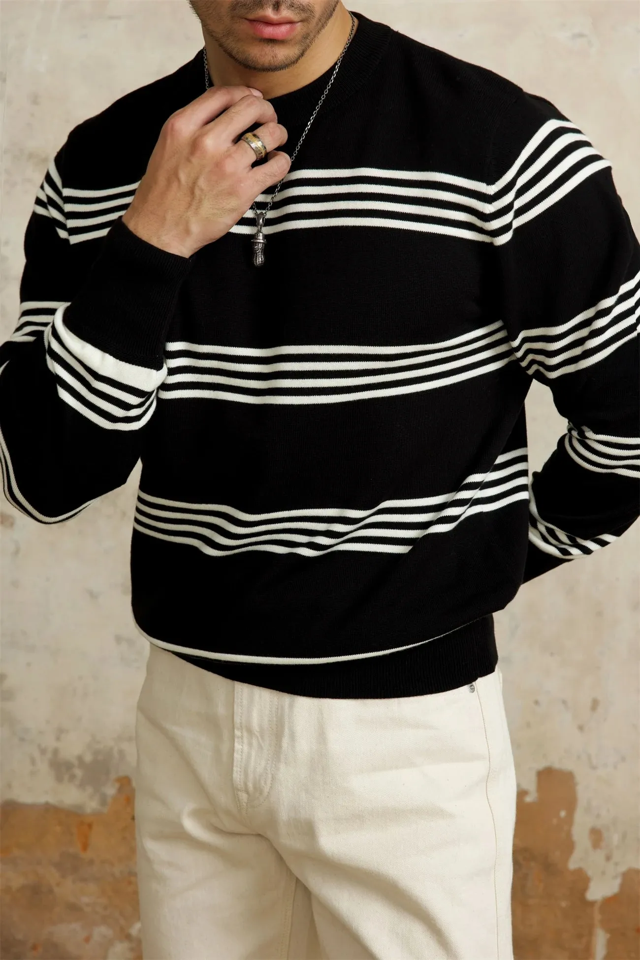 Men's Knitted Striped Long Sleeves T-shirt