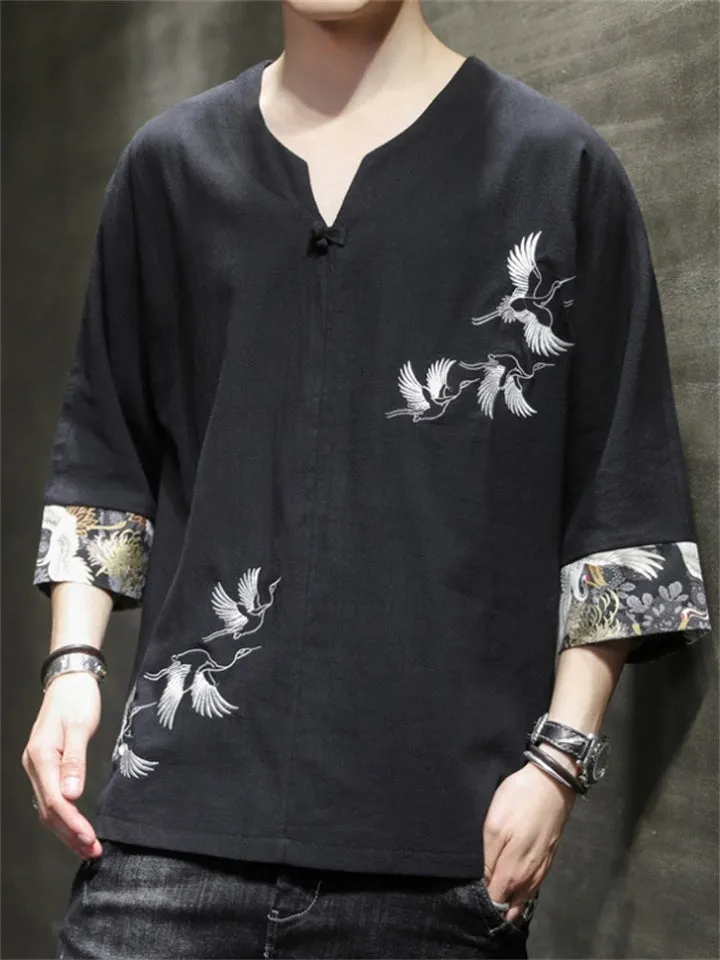 Men's Retro White Crane Embroidery V Neck 3/4 Sleeve Shirt