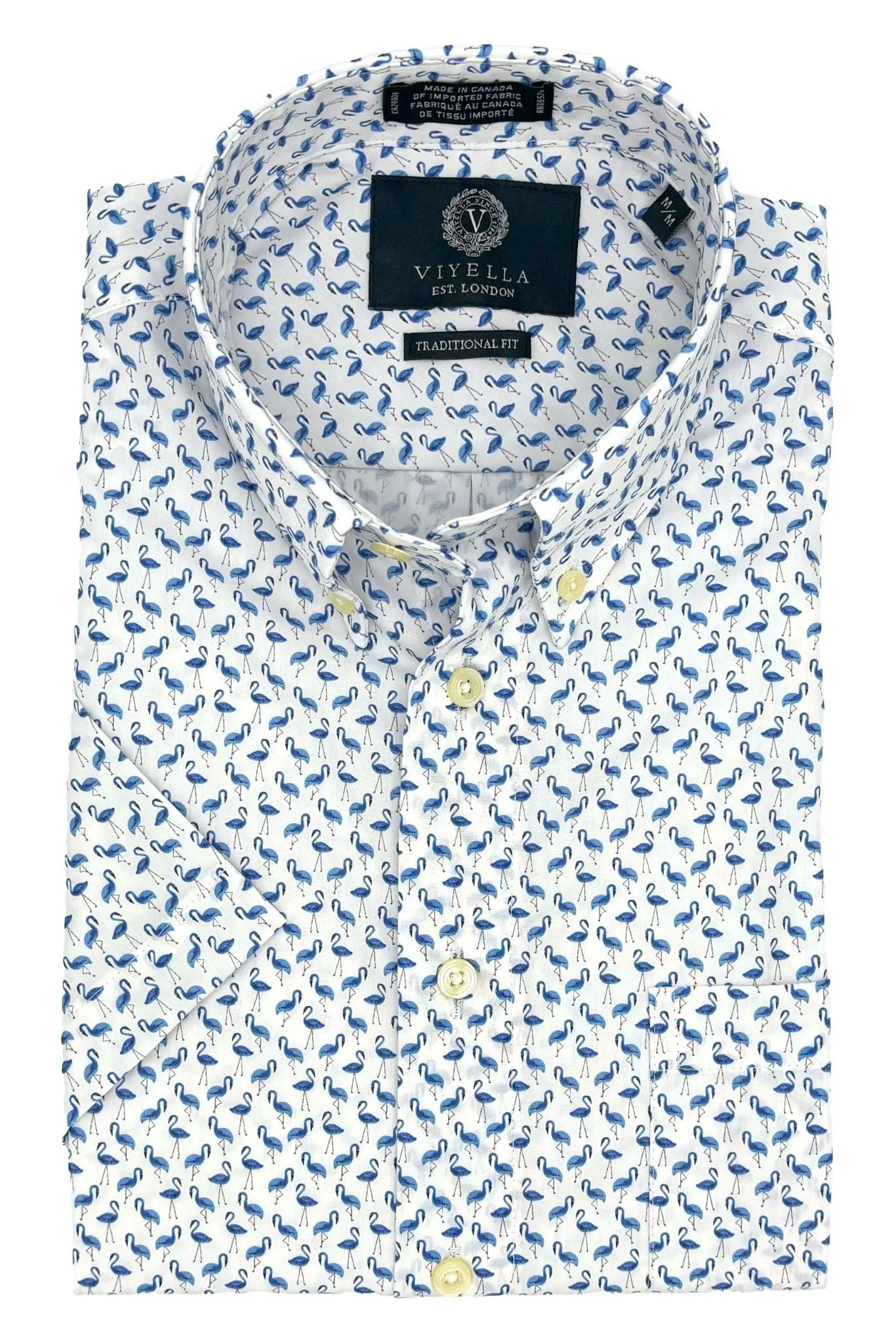 Men's Short Sleeve Button Down Shirts - Blue Flamingo Print