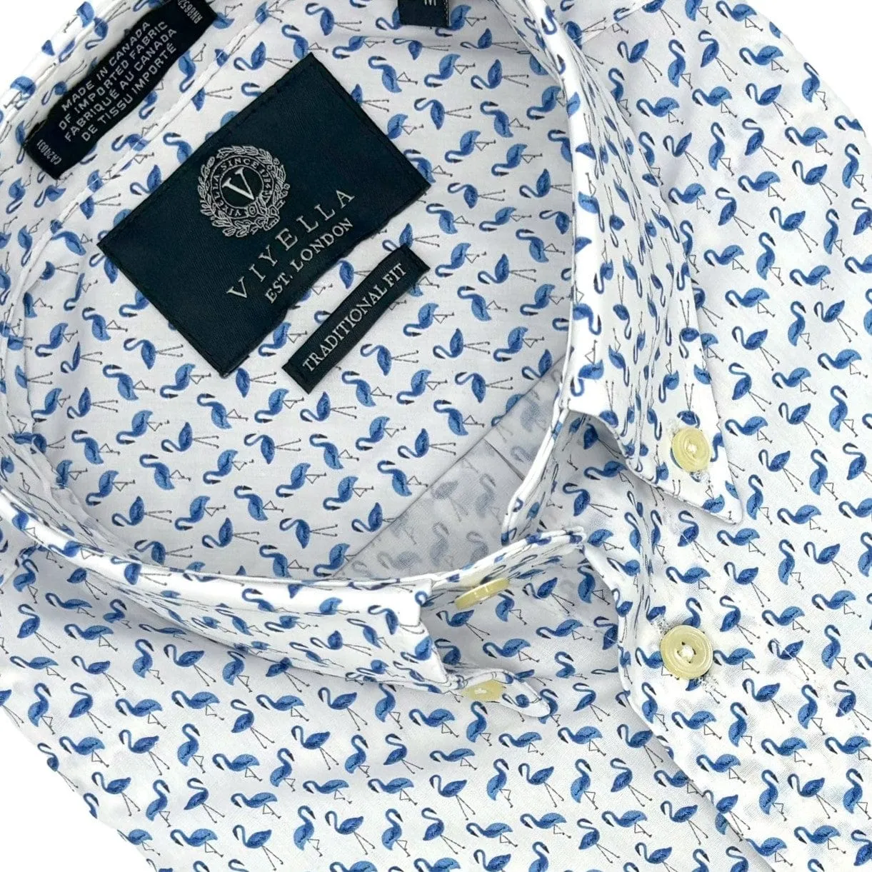 Men's Short Sleeve Button Down Shirts - Blue Flamingo Print