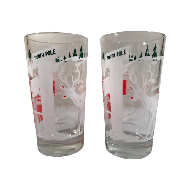 Mid-Century Santa and Rudolph at North Pole Glasses (Set of 2)