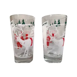 Mid-Century Santa and Rudolph at North Pole Glasses (Set of 2)