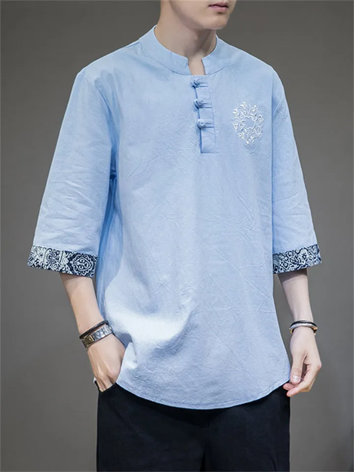 Retro Totem Embroidery Half Sleeve Linen Shirt for Men