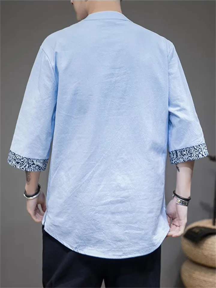 Retro Totem Embroidery Half Sleeve Linen Shirt for Men