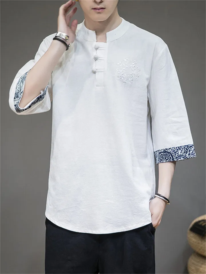 Retro Totem Embroidery Half Sleeve Linen Shirt for Men