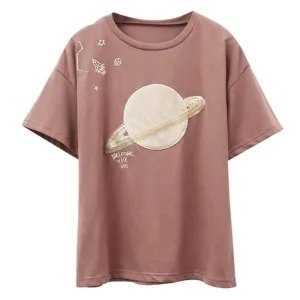 Saturn Embroidery Patchwork Cotton Tees