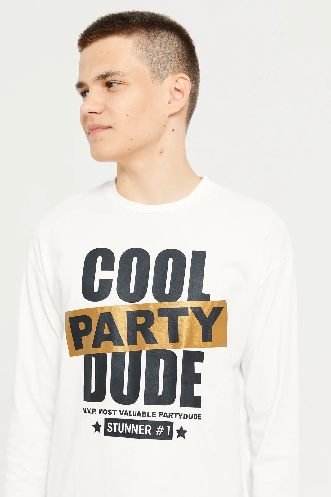 Senior Boys White Cool Party Dude T-Shirt