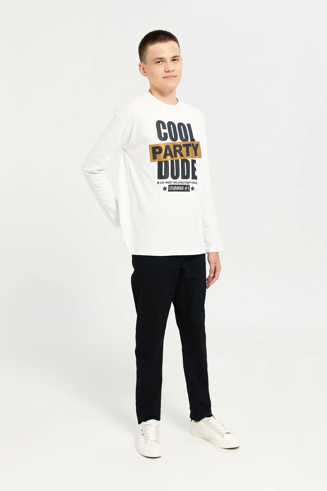 Senior Boys White Cool Party Dude T-Shirt