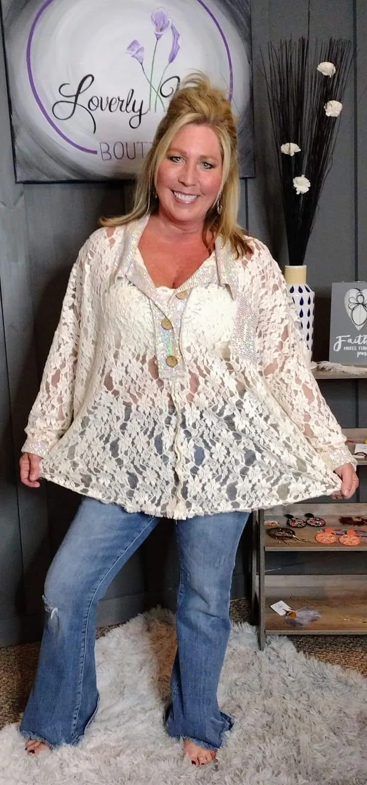 Shiny Lacy Lace Henley Button Down Shirt