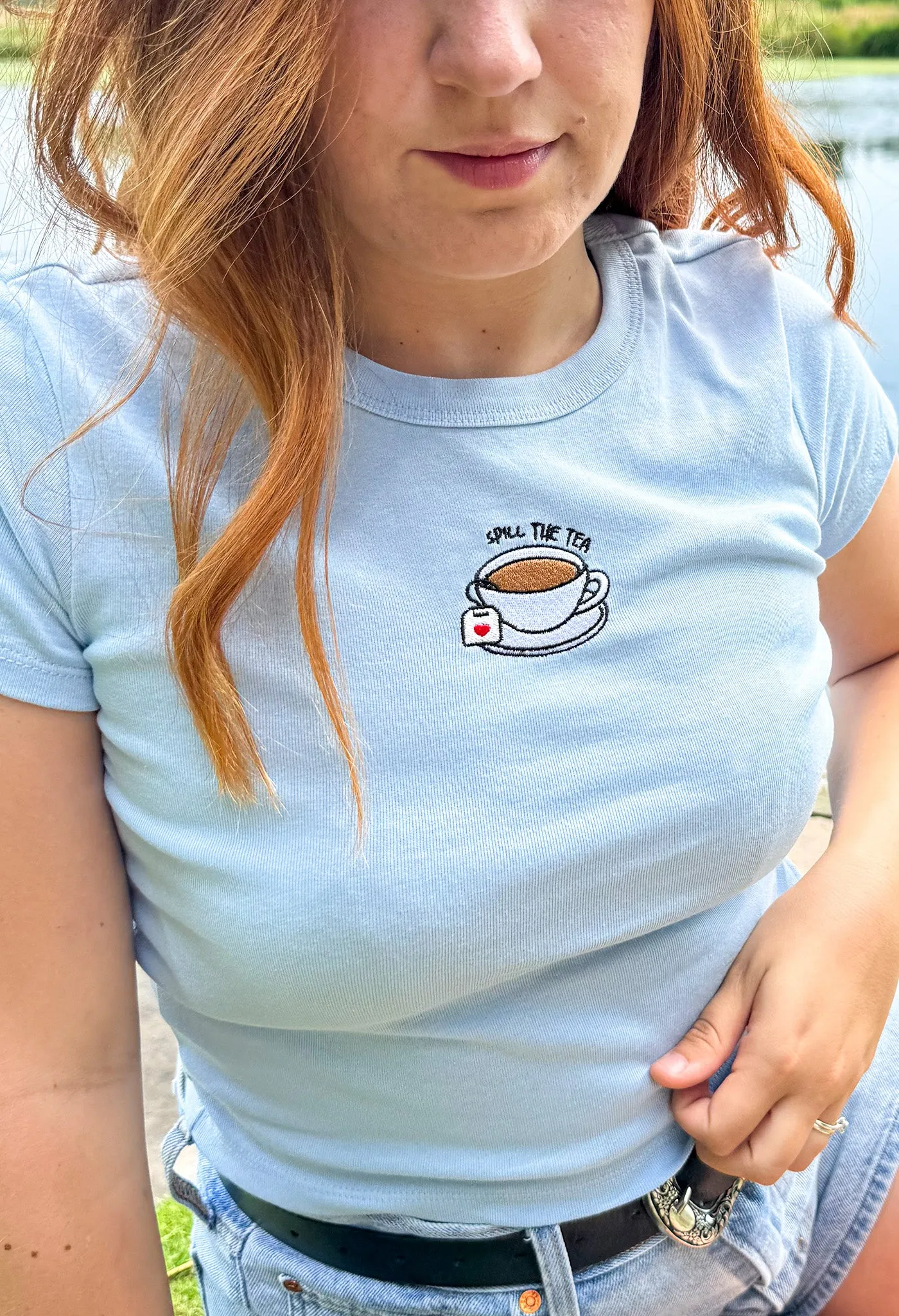 Spill The Tea Embroidered Micro Rib Baby Tee