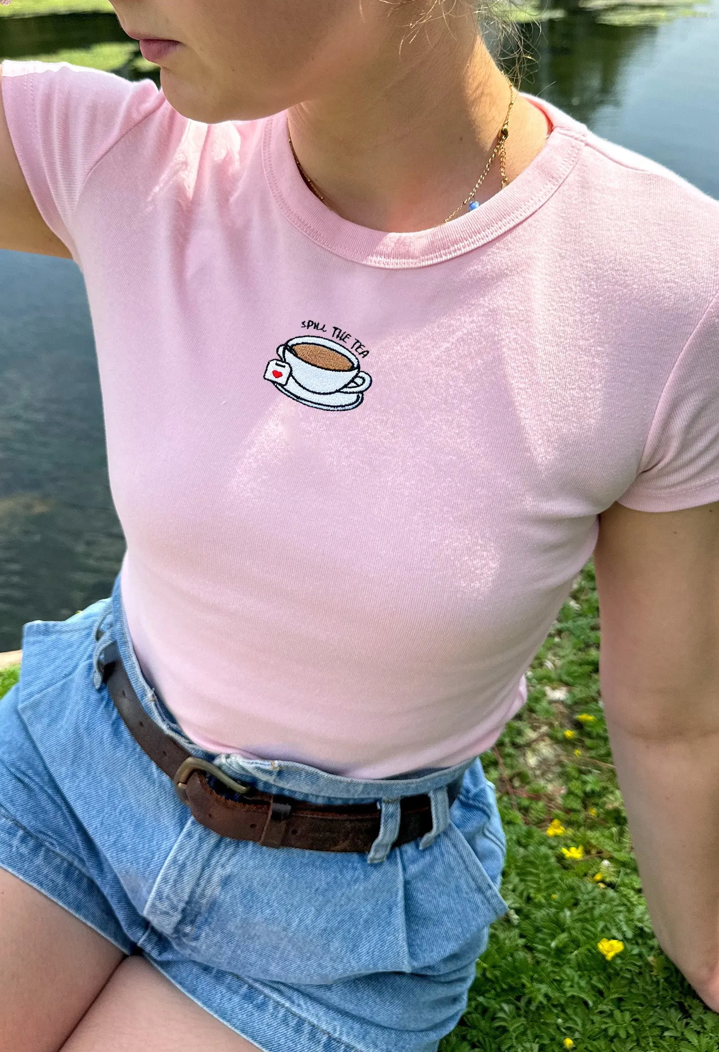 Spill The Tea Embroidered Micro Rib Baby Tee