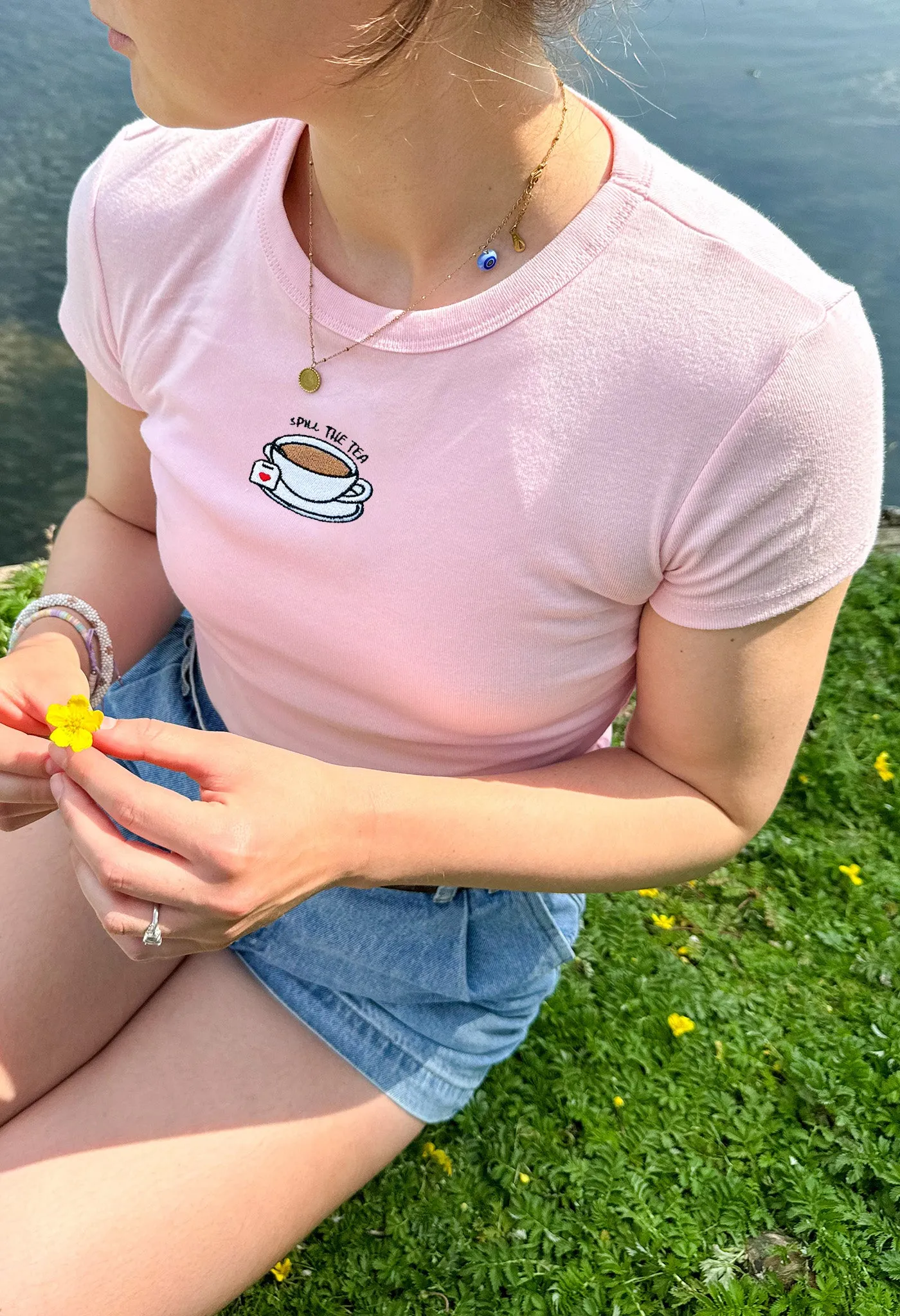 Spill The Tea Embroidered Micro Rib Baby Tee