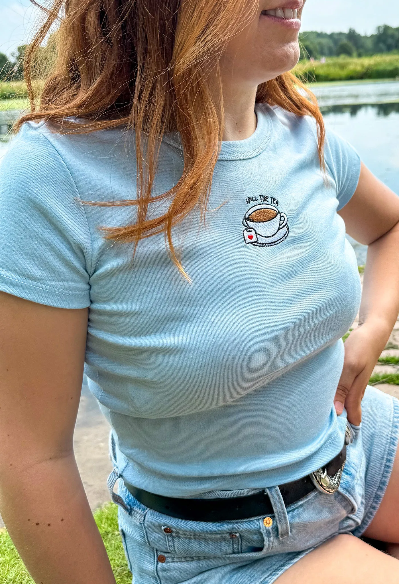 Spill The Tea Embroidered Micro Rib Baby Tee