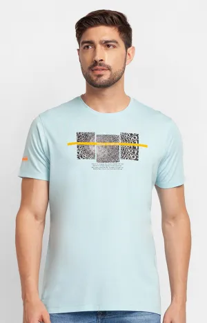 Spykar Aqua Blue Cotton Half Sleeve Printed Casual T-Shirt For Men