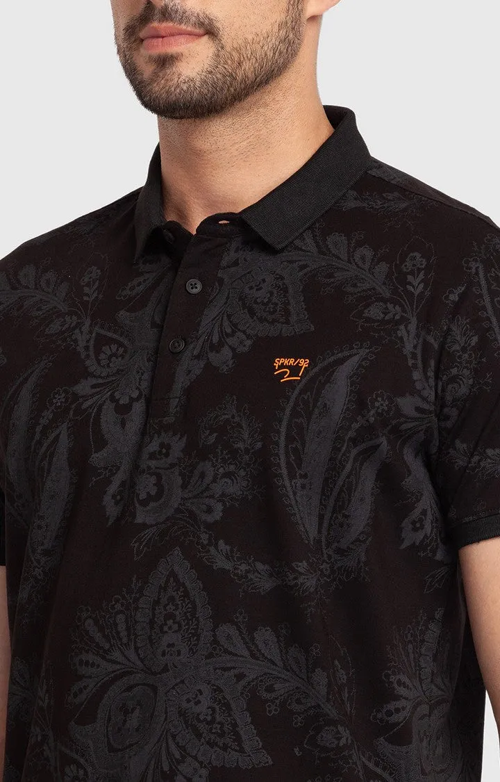 Spykar Black Cotton Half Sleeve Printed Casual Polo T-Shirt For Men