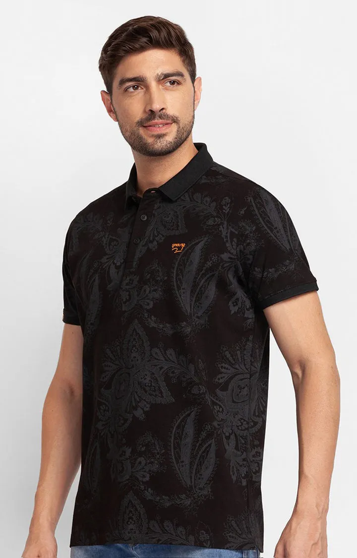 Spykar Black Cotton Half Sleeve Printed Casual Polo T-Shirt For Men